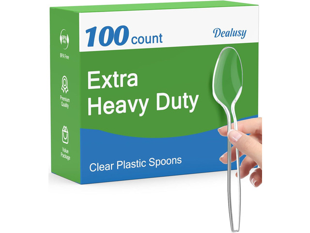 Dealusy 100 Count Clear Plastic Spoons Disposable, BPA-Free, Heat Resistant, Solid and Durable Disposable Spoons Heavy Duty Bulk, Premium Spoons...