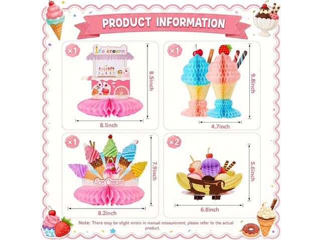 Outus 6 Pcs Ice Cream Party Table Decorations Set, Ice Cream Honeycomb Centerpieces, Dessert Theme Party Table Centerpieces Set for Sweet One, Baby...