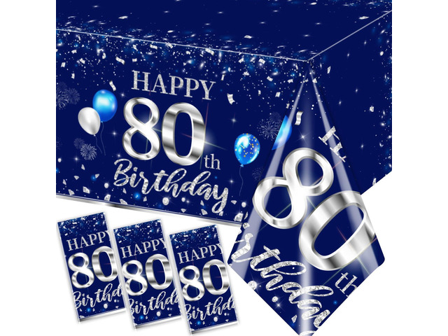 GREHUMOR 3Pcs 80th Birthday Tablecloth Decorations Sliver and Blue Table Cover Plastic 80th Happy Birthday Party Supplies for Men Women Disposable...