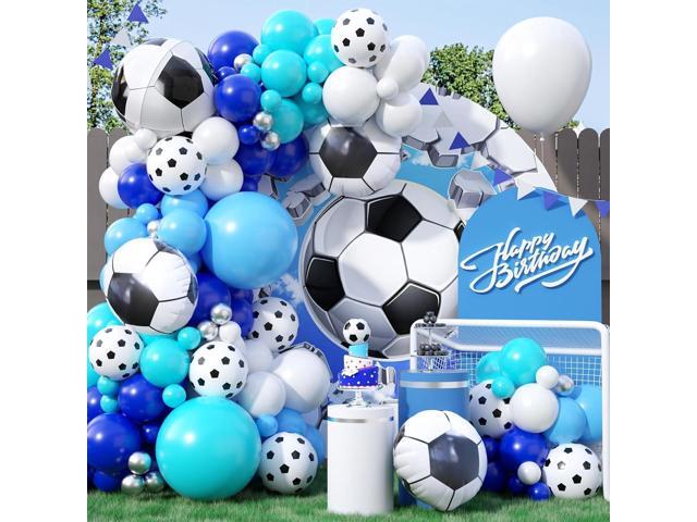 Soccer Balloon Arch Kit with 4D Football Foil Balloons, Royal Blue, White, Metallic Silver Latex Balloons for Baby Shower, Birthday, Soccer,...