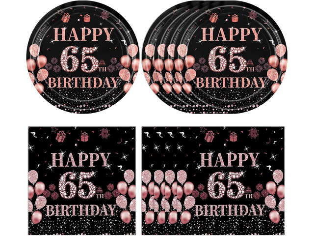 65th Birthday Decorations for Women Men, 40Pcs 65th Birthday Party Paper Plates and Napkins Black Rose Gold Happy Sixty-Five Years Old Birthday...
