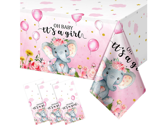 3 Pack Elephant Baby Shower Decorations - Plastic Tablecloth Table Cover Backdrop for Boy Girl Gender Party Supplies, 54 x 108 Inch, Pink