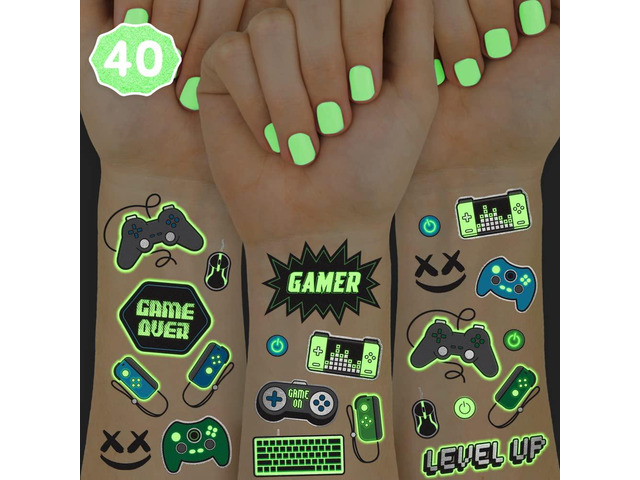 xo, Fetti Video Game Party Supplies Temporary Tattoos - 40 Glow in the Dark Styles Videogame Birthday Favors, Decorations, Controller, Computer...