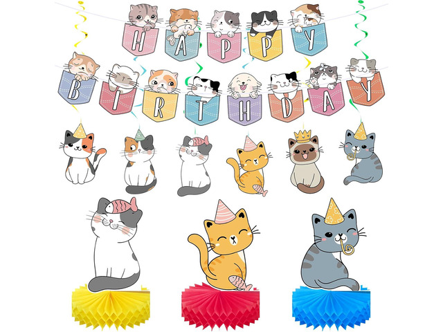 Chinco 16 Pcs Cat Theme Birthday Party Decorations Party Supplies Kit, Includes Cat Party Banner with 6 Hanging Cutouts 6 Hanging Swirl Decor and 3...