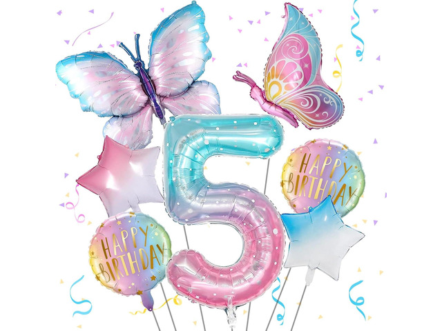Butterfly Balloons - 5th Birthday Decorations for Girls, Gradient Pink Colorful Foil Balloons, Giant Number 5 Foil Mylar Balloon, 5 Years Old...