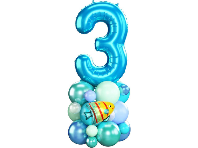 Blue Number 3 Balloon 40 Inch Ocean Under the Sea Number Three Foil Balloons Tower with Shark Bubble Fish for Boys Third 3rd Birthday Party Decor...