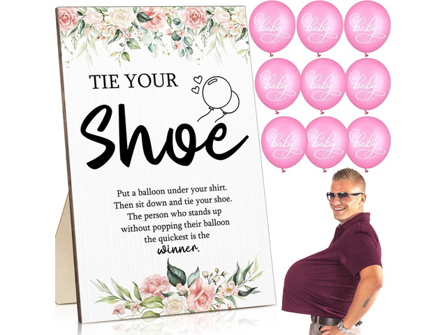 Roowest 51 Pcs Tie Your Shoe Baby Shower Game Sign Wooden Sign Greenery Gift Sets Gender Reveal Party Favors 50 Balloons Latex Balloons for Game...