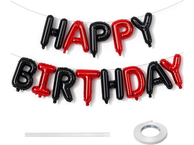 Happy Birthday Banner - 16 Inch Foil Red and Black Balloons, Self Inflating Letter Balloons for Boys Girls Party Decorations Supplies
