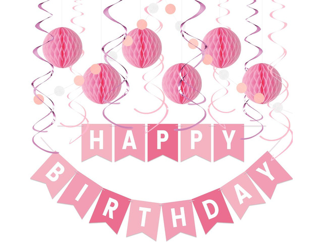 Pink Birthday Decorations Kit - 16-Piece Set with Pre-Strung Happy Birthday Banner, Honeycomb Balls, Garland & Swirls Pink Theme Party Supplies...