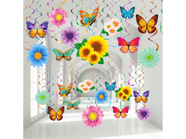 30 Pcs Flowers Butterfly Hanging Swirl Decorations, Spring Summer Mother's Day Sunflower Baby Shower Decor for Women Home Birthday Party Baby...