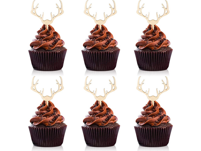Huray Rayho Antler Cupcake Toppers Wooden Deer Cake Picks Decorations Baby Shower Wedding Hunting Boho Rustic Country Birthday Theme Party Supplies...