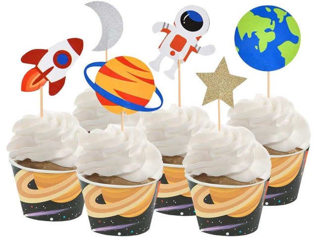 30pcs Outer Space Cupcake Toppers, Planet Party Supplies - Birthday Decorations, Rocket, Astronaut, Spaceship Themed Kids Children Party Supplies