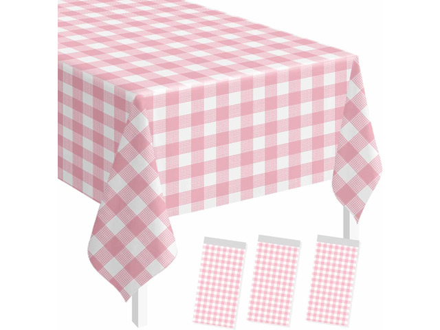 SietDESEO 3 Pack Light Pink Gingham Tablecloth Rectangle 54 x 108 Pink and White Checkered Table Cloth Disposable Plaid Table Cover Plastic for...