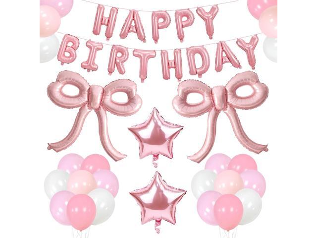 YTHETM Bow Party Decorations Pink Happy Birthday Balloons Banner Pink Birthday Decorations Bow Balloons for Women Girls Birthday Decor Party Supplies