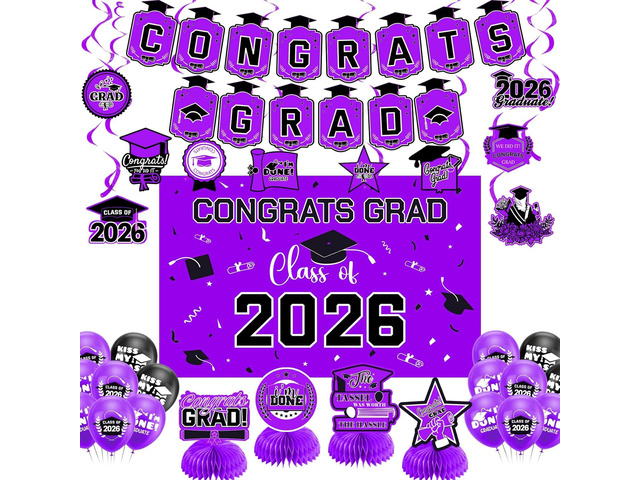Graduation Decorations 2026 Purple Themed Set - Congrats Grad Banner, Class of 2026 Backdrop, Balloons & Streamers Kit - Complete Party Supplies...