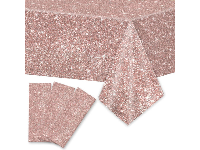 gisgfim 3pcs Pink Rose Golden Birthday Party Tablecloths Rose Gold Sequin Plastic Table Cover Glitter Diamonds Happy Birthday Background Girls for...