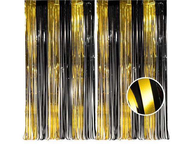 BRAVESHINE 3.2 x 8.2ft Black Gold Foil Fringe Curtains - 2 Pack Tinsel Photo Booths Party Streamers Backdrop for...