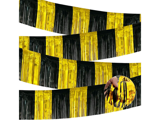 4 Pack 10 Feet Black Gold Foil Fringe Garland Metallic Tinsel Streamers Banner Fringe Curtain Banner for Parade Floats Halloween Graduation...