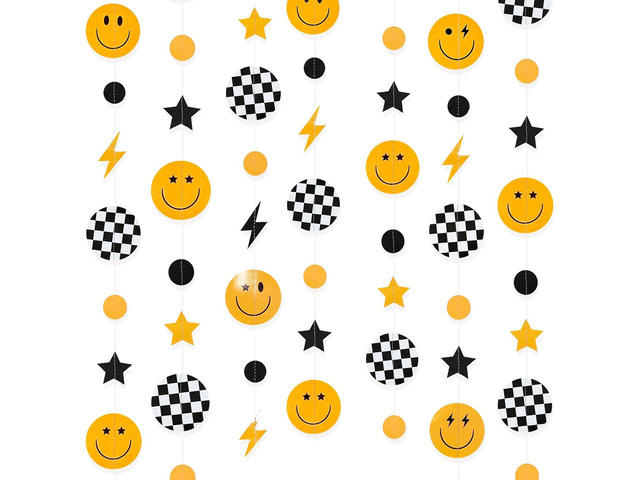 One Happy Dude 1st Birthday Decorations Black Yellow Smile Face Lightning Star Checkered Circle Dot Smiley Face Garland Streamer for Baby Shower...