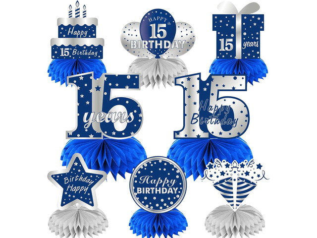 8Pcs 15th Birthday Honeycomb Centerpieces Decorations for Boys, Blue Silver 15 Year Old Table Centerpiece Party Supplies, Fifteen Topper Decor Sign
