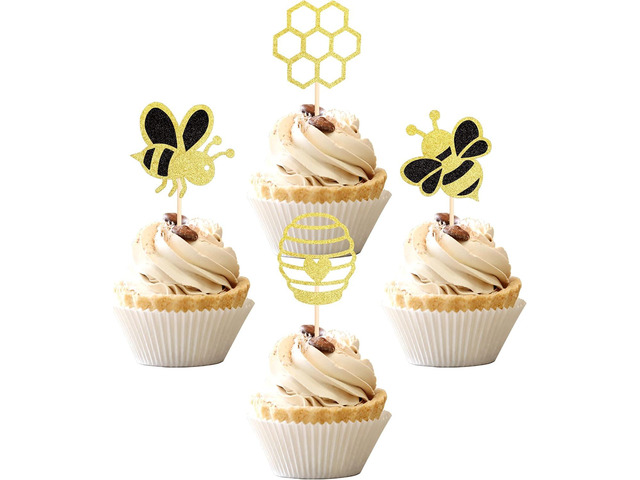36 PCS Bumble Bee Cupcake Toppers Glitter Bee Gender Reveal Honeycomb Cupcake Picks Baby Shower Birthday Party Cake Decorations Supplies