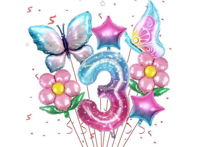Sowide Butterfly Balloon 3rd Birthday Decorations,Butterfly Balloons Colorful Gradient Pink Butterfly Foil Mylar Balloon for Fairy 3rd Birthday...