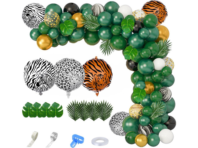 Amandir 152Pcs Jungle Safari Balloon Garland Arch Kit, Gold Dark Green Animal Balloons Artificial Tropical Palm Leaves Decorations Boy Girl Wild...