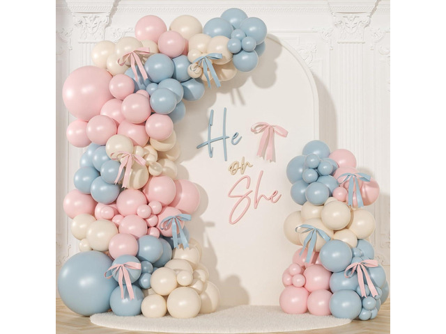Gender Reveal Balloon Arch Kit, 141Pcs Pink Blue Sand White Balloons with Bows for Boy or Girl Gender Reveal Decorations Baby Shower Boho...