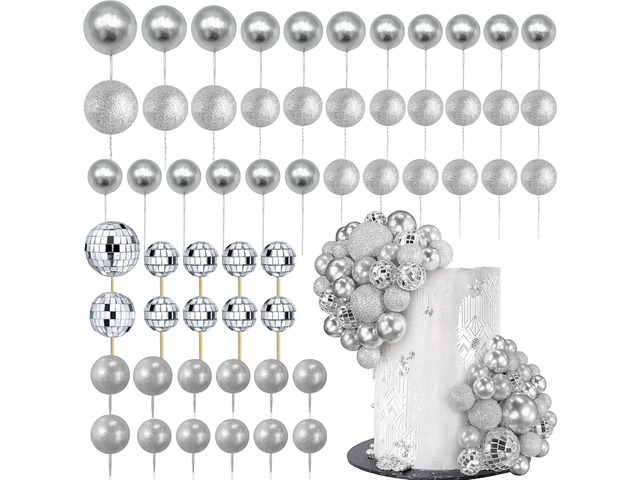56 PCS Colorful Ball Shaped Cake Topper Pearl Balls Cupcake Cake Insert Topper for Birthday Party Wedding Decoration Supplies (Silver)