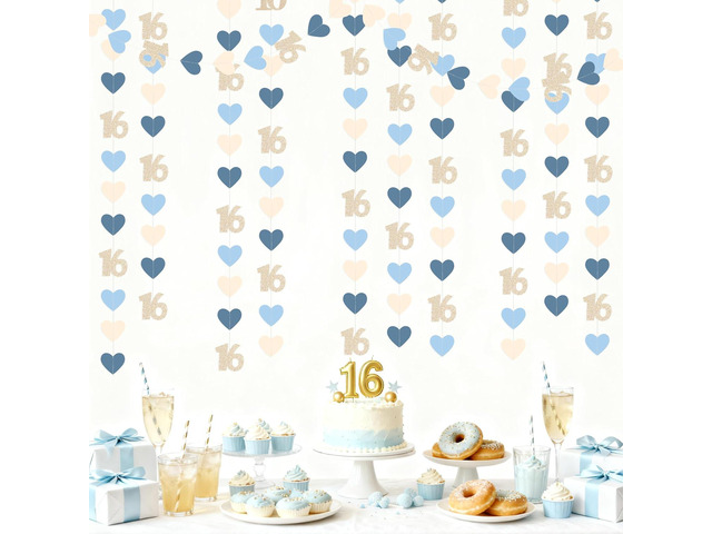 Champagne Gold Blue 16th Birthday Decorations Champagne Gold Dusty Blue Heart Garland Streamer Banner Backdrop for Girls Happy 16th Birthday Sweet...