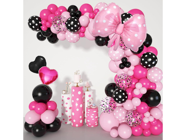 Ouddy Party Pink Mouse Balloon Garland Arch Kit for Cartoon Mouse Theme Birthday Party Decorations Girl Kids, Pink Black Rose Red Bow Foil Balloons...