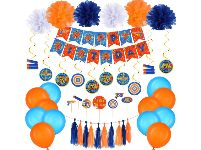Skylety 53 Pieces Dart Battle Birthday Party Supplies Dart Gun Birthday Decorations Include Gun Happy Banner Paper Flower Pom Hanging Swirls Latex...