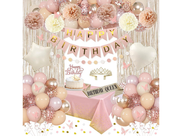 Amandir Boho Dusty Pink Birthday Decorations for Women, Blush Beige Gold Metallic Foil Balloons Table Cloth Sash Crown Fringe Curtains Birthday...