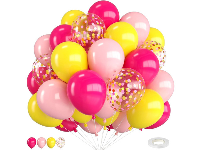Pink and Yellow Balloons,12 Inch Maca Hot Pink Yellow Confetti Balloons with Ribbon,for Girls Peach Birthday Baby Shower Engagement Party Decorations