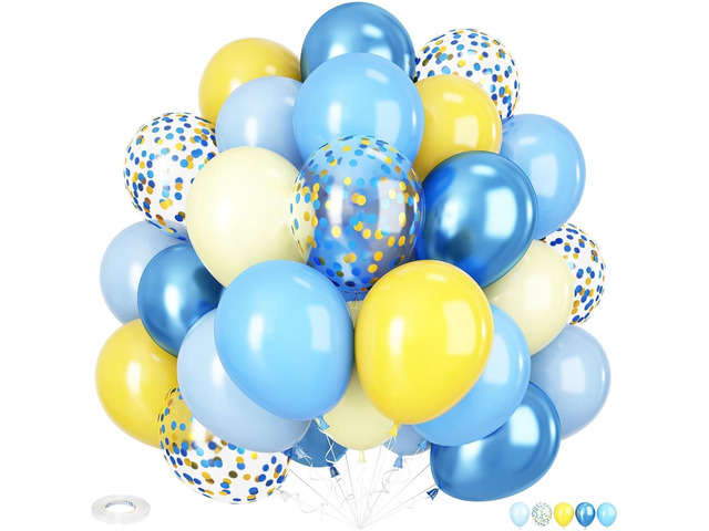 Yellow Blue Balloons, 12 Inch Blue and Yellow Balloons Set Macaron Yellow Balloon Metallic Blue Confetti Balloon for Kids Cartoon Theme Birthday...