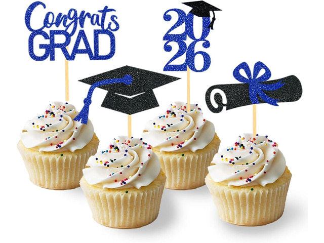 24Pcs Graduation Cupcake Toppers, Black and Blue Graduation Decorations Class of 2026 Cupcake Toppers (Black Blue)