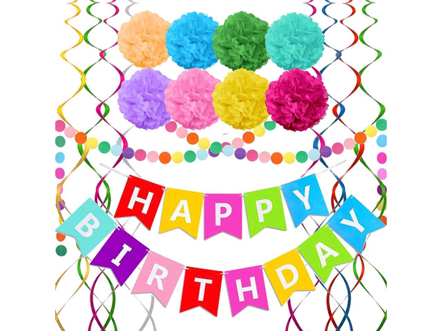 Rainbow Colorful Birthday Decorations, Happy Birthday Banner with Pom Poms Paper Circle Garland Swirl Streamers for Girls Women Party Supplies