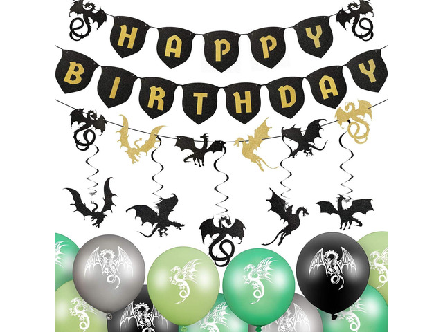 33 Pieces Dragon Birthday Party Supplies Dragon Decorations, 20 Dragon Balloons 3 Dragon Banners 10 Dragon Hanging Swirls for Dragon Themed Party...