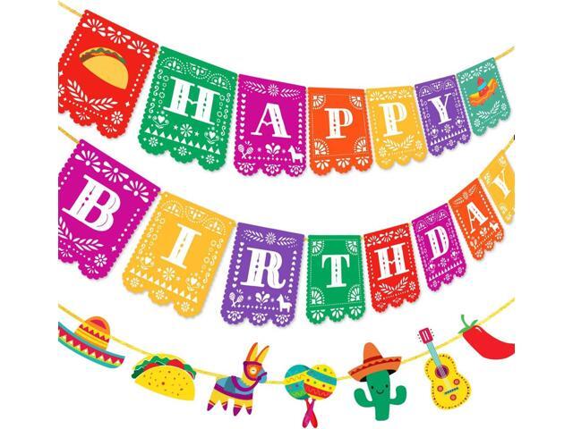2PCS Mexican Happy Birthday Banner Colorful Mexican Fiesta Birthday Bunting Garland Cinco De Mayo Taco Papel Picado Banner Pre-Strung for Mexican...