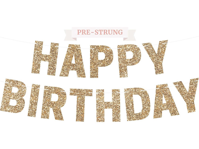 Pre-strung Happy Birthday Banner - No DIY - Gold Glitter Birthday Party Banner for Men & Women - Pre-strung Garland on 8 ft Strands - Gold Bday...