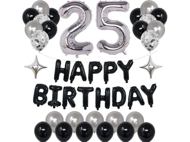 25th Black Silver Birthday Party Decorations for Men Women, Happy 25 Birthday Party Supplies with Black Happy Birthday Banner, Silver Foil Stars,...