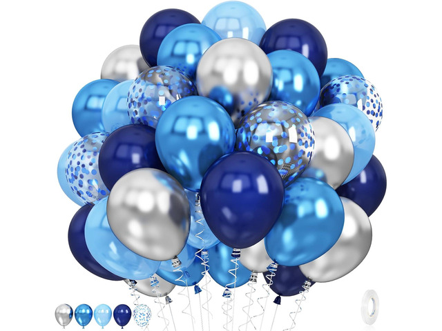60 Pcs Blue and Silver Balloons, Navy Royal Blue Silver Party Balloons with Metallic Confetti Helium Latex Balloons for Birthday Baby Showers...