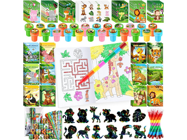 BenLouis 96Pcs Jungle Safari Party Favors Zoo Animals Coloring Books Crayons Sticker Stampers Slap Bracelets Set Bulk Classroom Prizes for Kids...