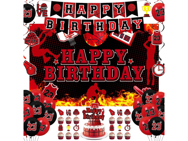 Basketball Party Decorations 51Pcs Black Red Basketball Happy Birthday Banner Balloons Cake Topper Cupcake Toppers Hanging Swirls Kit for Boys Kids...