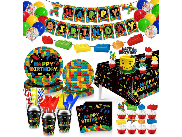 Building Block Birthday Party Supplies, Building Blocks Party Supplies Paper Plates Napkins Cups Tablecloth Banner for Multicolor Building Block...