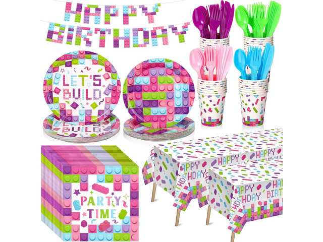 Gejoy 171 Pcs Building Block Birthday Party Supplies Tableware Kit Include Plates Cups Knives Forks Spoons Napkins Tablecloths Banner for Girls...