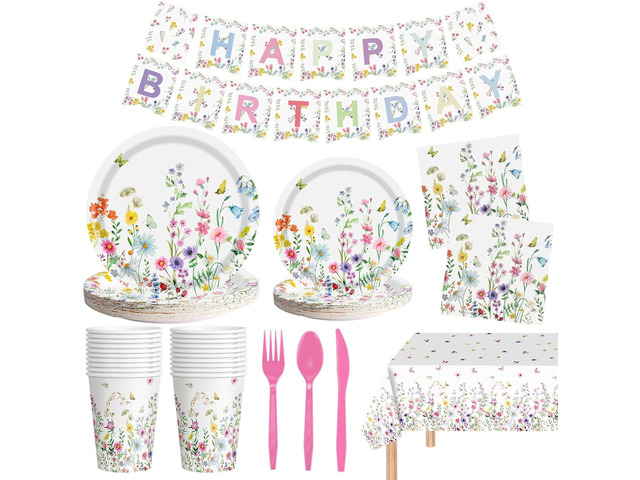 170 Pcs Spring Flower Birthday Party Decorations Sets, Includes Happy Birthday Banner, Floral Plates, Napkins, Cups, Plastic Silverware, Tablecloth...