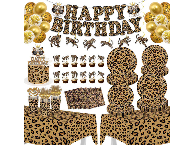 Cheetah Print Birthday Party Decorations, Leopard Party Supplies for 20 Guests with Banner, Balloons, Hanging Swirls, Tablecloths, Plates, Napkins,...