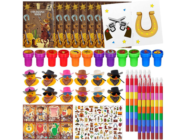 Cinrobiye 72 Pcs Western Cowboy Party Favors, Wild West Coloring Books, Stickers, Tattoos, Stampers, Rubber Ducks, Rainbow Pencils, Barn Party...