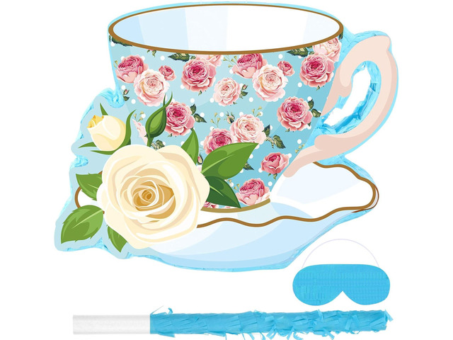 Aoriher 4 Pieces Tea Party PiÃ±atas Tea Flower Themed Decorations Teapot Small PiÃ±ata Bundle with Blindfold and Stick Teacup Party Supplies Favors...